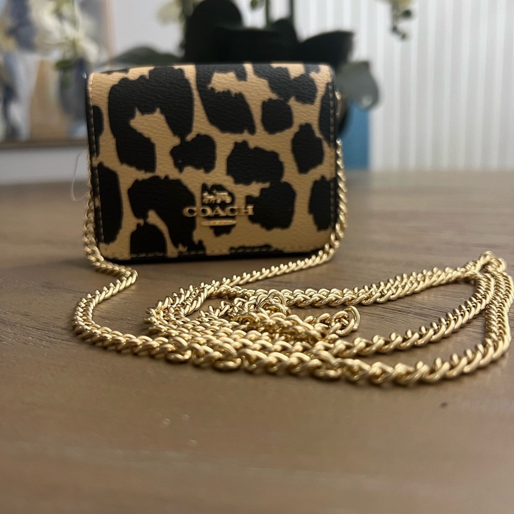 Coach Leopard Print Mini Bag with Gold Chain